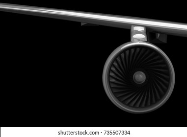 3d Rendering. Airplane Turbine Fan Engine On Black Background With Copy Space