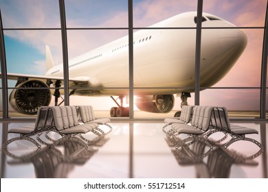 3d rendering airport terminal with glass windows and empty seats