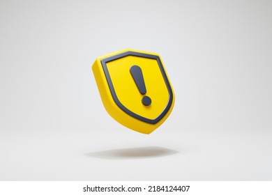 3D Rendering Alarm Indication Concept. Warning Sign Shield Icon Symbols Color Yellow Isolated Perspective View