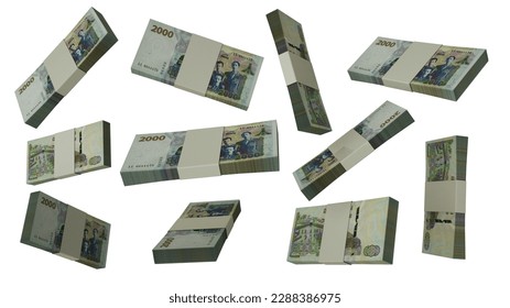 3D rendering of Algerian dinar notes flying in different angles and orientations isolated on white background