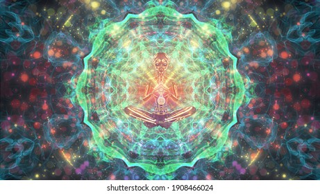 3D Rendering Of Alien Meditating On A Colorful Psychedelic Background