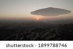 3D rendering, Alien Spaceship ufo hovering over city at sunset - aerial view
, drone view over Jerusalem city in Israel with visual effect element, invasion sci fi concept
