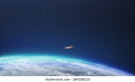 3d rendering, Alien spaceship ufo Flying over Earth atmosphere
