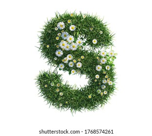 3d rendering of Alphabet Capital letter S, made of grass and daisy flower. high resolution image in isolated white background