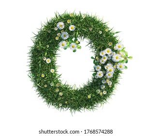 3d rendering of Alphabet Capital letter O, made of grass and daisy flower. high resolution image in isolated white background