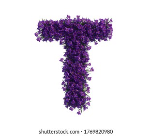 3d Rendering Of Alphabet Capital Letter T, Made Of Violet Flower. High Resoluton Image In White Isolated Background