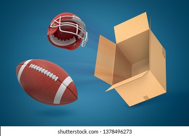 3d Rendering Of American Football Ball And Helmet Flying Out Of Cardboard Box On Blue Background. Games And Sports. Outdoor Activities. Sporting Goods.