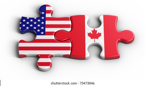 3d rendering of an american puzzle piece and a Canadian