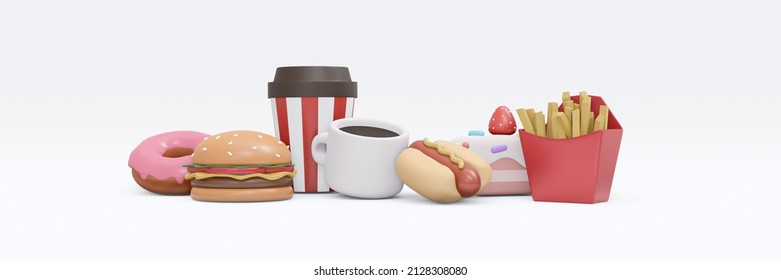 3D Rendering Of American Traditional Food Set Includes Hot Coffee Doughnut Burger Soda Hot Dog Cake And French Fried Isolate On White Background. 3D Render Illustration.