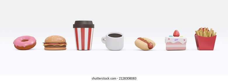 3D Rendering Of American Traditional Food Set Includes Hot Coffee Doughnut Burger Soda Hot Dog Cake And French Fried Isolate On White Background. 3D Render Illustration.