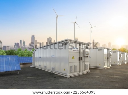 3d rendering amount of energy storage systems or battery container units with solar and turbine farm