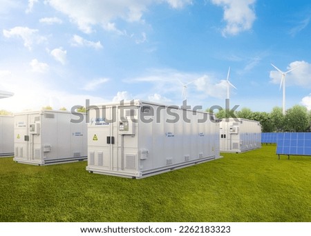 3d rendering amount of energy storage systems or battery container units with solar and turbine farm