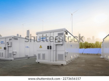 3d rendering amount of energy storage systems or battery container units with solar and turbine farm