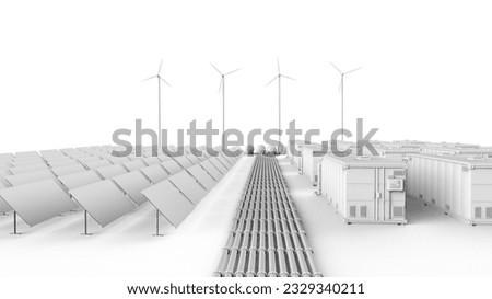 3d rendering amount of energy storage systems or battery container units with solar and turbine farm