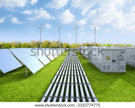 3d rendering amount of energy storage systems or battery container units with solar and turbine farm