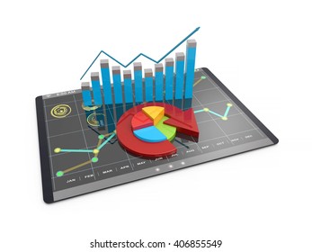 3D Rendering analysis of financial data in charts, accounting, taxes, banking, statistics, vision for the future 