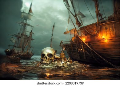 Representación en 3D de antiguos barcos piratas
