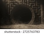 3D Rendering of an ancient temple with maze wall and circular door