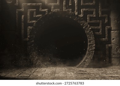 3D Rendering of an ancient temple with maze wall and circular door