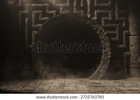 3D Rendering of an ancient temple with maze wall and circular door