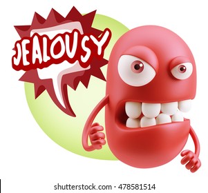 3d Rendering Angry Character Emoji Saying Jealousy With Colorful Speech Bubble.