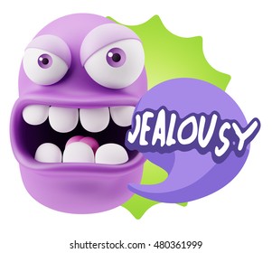 3d Rendering Angry Character Emoji Saying Jealousy With Colorful Speech Bubble.