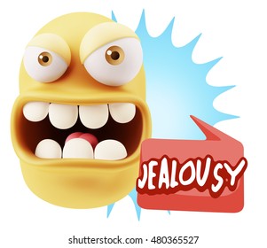 3d Rendering Angry Character Emoji Saying Jealousy With Colorful Speech Bubble.