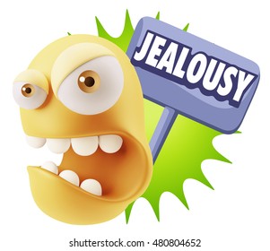 3d Rendering Angry Character Emoji Saying Jealousy With Colorful Speech Bubble.