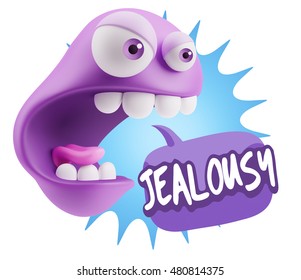 3d Rendering Angry Character Emoji Saying Jealousy With Colorful Speech Bubble.