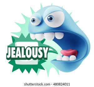 3d Rendering Angry Character Emoji Saying Jealousy With Colorful Speech Bubble.