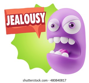 3d Rendering Angry Character Emoji Saying Jealousy With Colorful Speech Bubble.