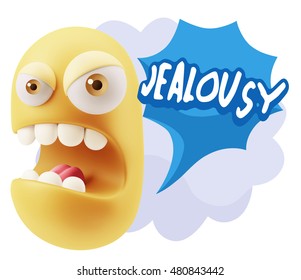 3d Rendering Angry Character Emoji Saying Jealousy With Colorful Speech Bubble.