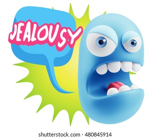 3d Rendering Angry Character Emoji Saying Jealousy With Colorful Speech Bubble.