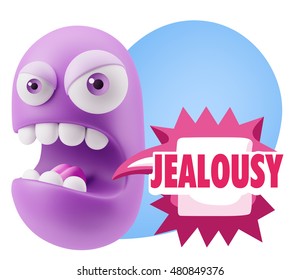 3d Rendering Angry Character Emoji Saying Jealousy With Colorful Speech Bubble.