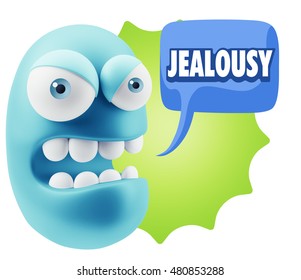 3d Rendering Angry Character Emoji Saying Jealousy With Colorful Speech Bubble.