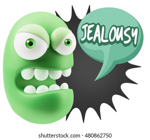 3d Rendering Angry Character Emoji Saying Jealousy With Colorful Speech Bubble.