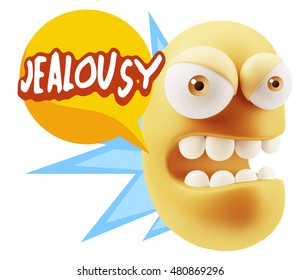 3d Rendering Angry Character Emoji Saying Jealousy With Colorful Speech Bubble.