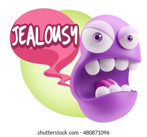 3d Rendering Angry Character Emoji Saying Jealousy With Colorful Speech Bubble.