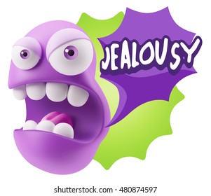 3d Rendering Angry Character Emoji Saying Jealousy With Colorful Speech Bubble.