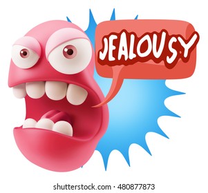 3d Rendering Angry Character Emoji Saying Jealousy With Colorful Speech Bubble.