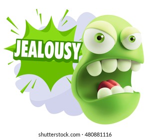 3d Rendering Angry Character Emoji Saying Jealousy With Colorful Speech Bubble.