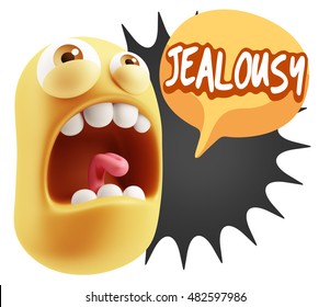 3d Rendering Angry Character Emoji Saying Jealousy With Colorful Speech Bubble.