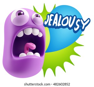 3d Rendering Angry Character Emoji Saying Jealousy With Colorful Speech Bubble.