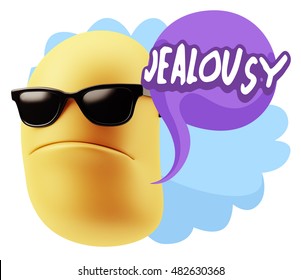 3d Rendering Angry Character Emoji Saying Jealousy With Colorful Speech Bubble.