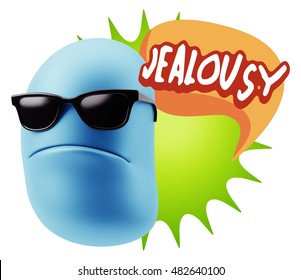 3d Rendering Angry Character Emoji Saying Jealousy With Colorful Speech Bubble.