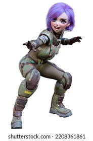 3D Rendering Of An Anime Teenager Girl With Purple Hair In An Astronaut Suit Isolated On White Background