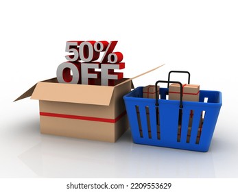 3d rendering announce offer 50% on card box on basket

