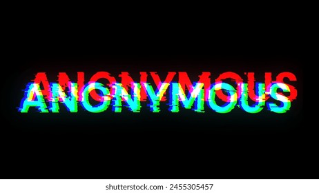 3D rendering anonymous text with screen effects of technological failures. Spectacular screen glitch with various kinds of interference