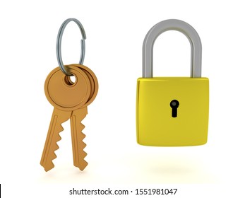 3D Rendering of aparment keys and lock. 3D Rendering isolated on white.