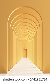 3d Rendering Arc Rhythm Hallway With LED Strip Light In Yellow Color Tone